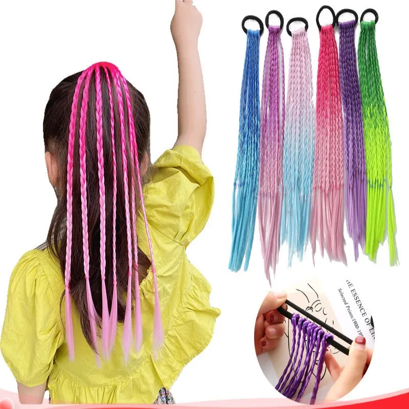 

Синтетические красочные косички для наращивания волос с резинками радужные плетеные волосы для конского хвоста аксессуары для волос для детей девочек