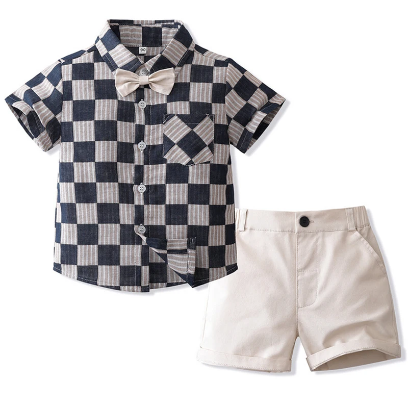 

2Piece Summer Baby Boys Outfits Children Clothes Fashion Gentleman Plaid Cotton T-shirt+Shorts Boutique Kids Clothing Set BC447