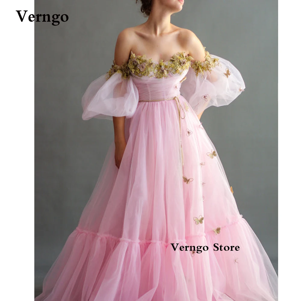 Verngo Princess Baby Pink Tulle Long Evening Dresses Embriodery Shiny Gold Butterflies Off Shoulder Puff Sleeves Prom Gowns
Verngo Princess Baby Pink Tulle Long Evening Dresses Embriodery Shiny Gold Butterflies Off Shoulder Puff Sleeves Prom Gowns