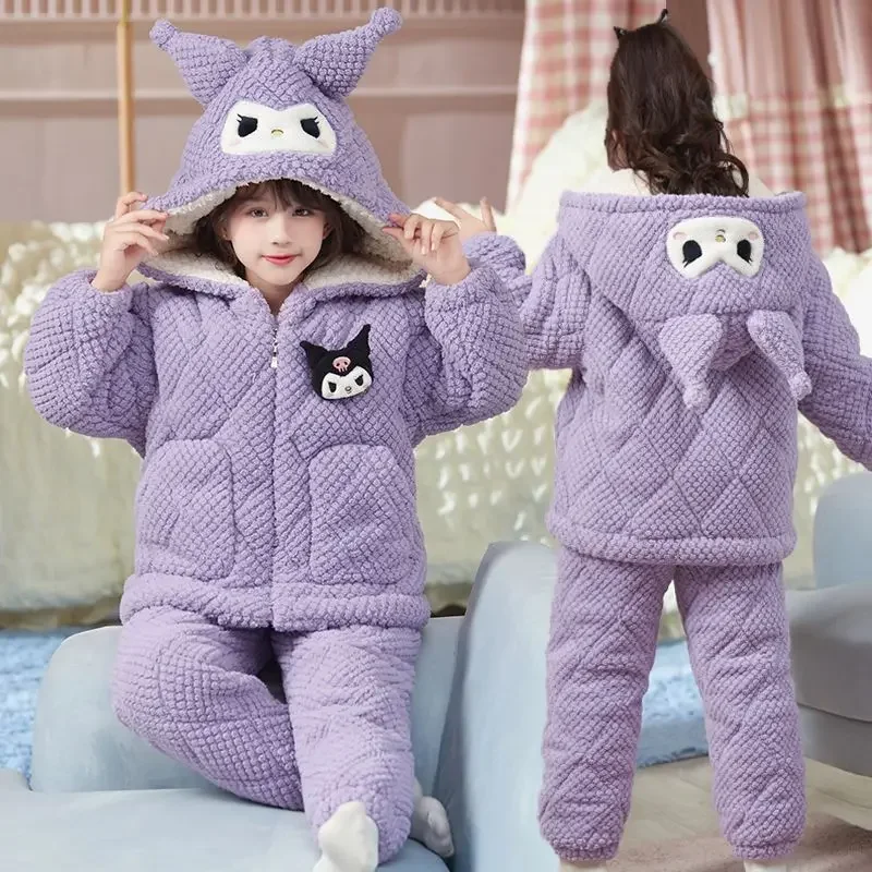 

Anime Sanrios Kuromi Winter Kids Pajamas Kawaii My Melody Cinnamoroll Girls Thickened Quilted Hooded Coral Velvet Warm Homewear