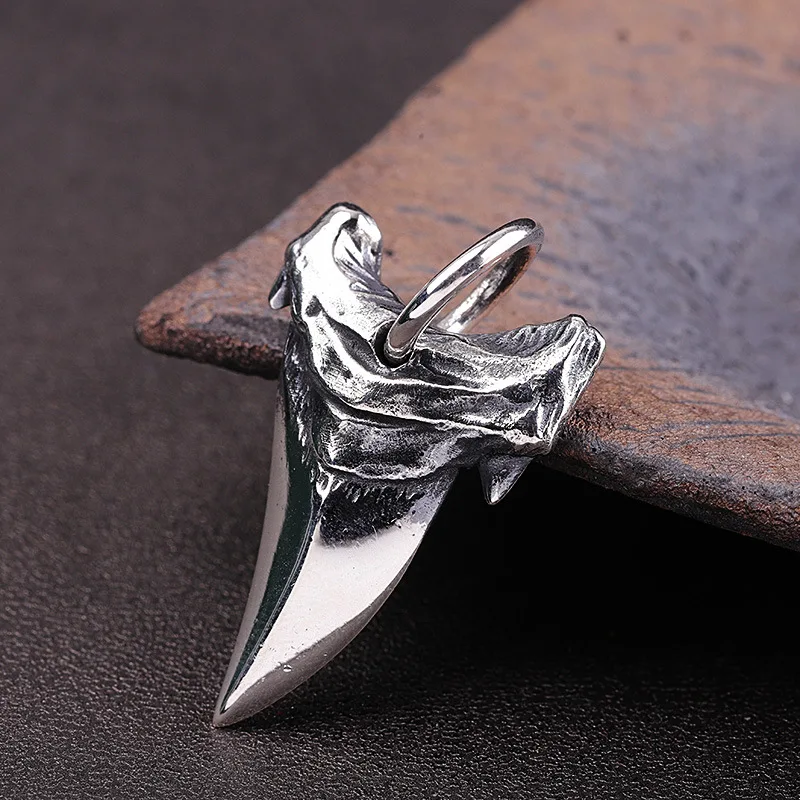 

Real Silver Vintage Shark Tooth Necklace Pendant Man S925 Sterling Silver Personality Punk Chain Pendant Jewelry Gift