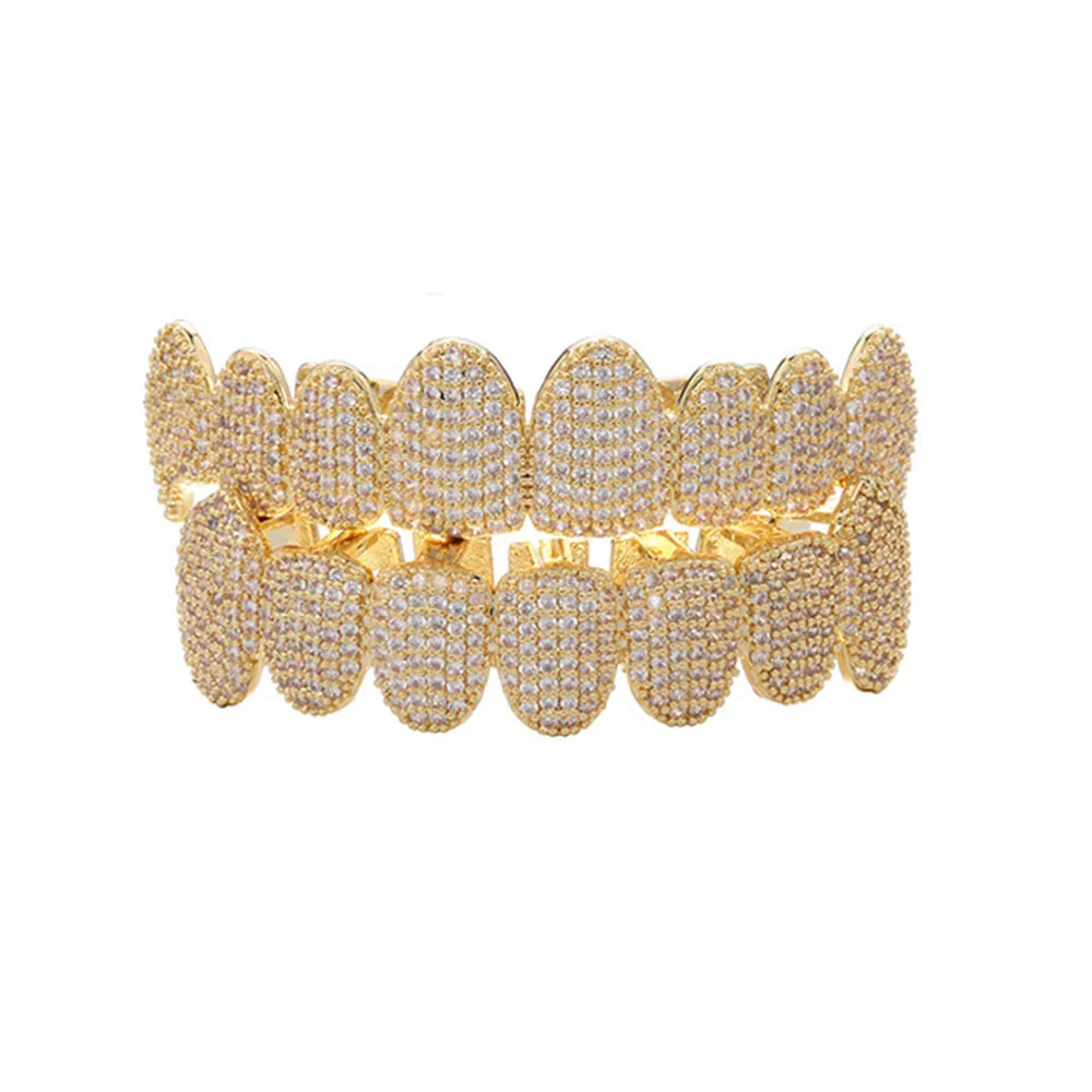 

RACHELZ 8/8 Hip Hop Zircon Teeth Grillz 14K Gold Plated Tooth Caps Fangs For Men Women CZ Stone Dental Grills Jewelry Cosplay