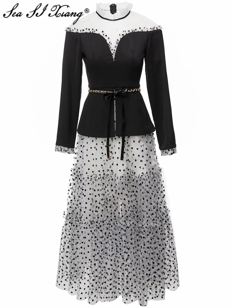Seasixiang Fashion Designer Early Autumn Long Dress Women Stand Collar Long Sleeve Mesh Patchwork Lace-up Office Lady Dresses
Seasixiang Fashion Designer Early Autumn Long Dress Women Stand Collar Long Sleeve Mesh Patchwork Lace-up Office Lady Dresses