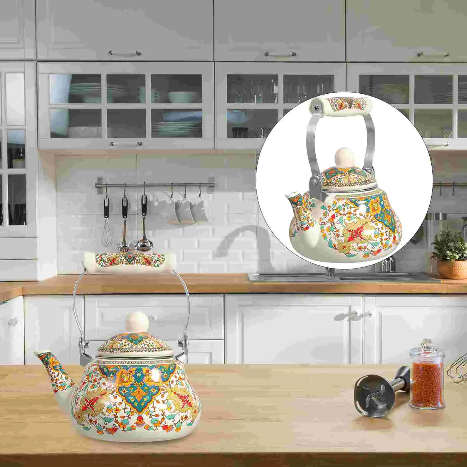 

Enamel Water Kettle Filter And Cool Handle 1.5L Vintage Flower Teapot Stovetop Porcelain Water Jug Farmhouse Coffee Pot