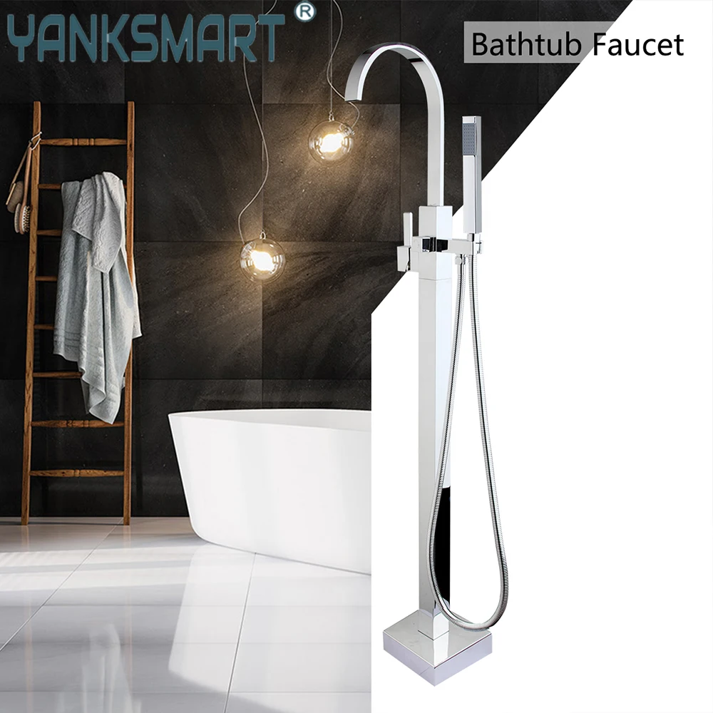 

YANKSMART Chrome Polished Bathroom Shower System Set With Hand Showers Single Handle Floor Stand Bathtub Faucet Mixer Water Tap