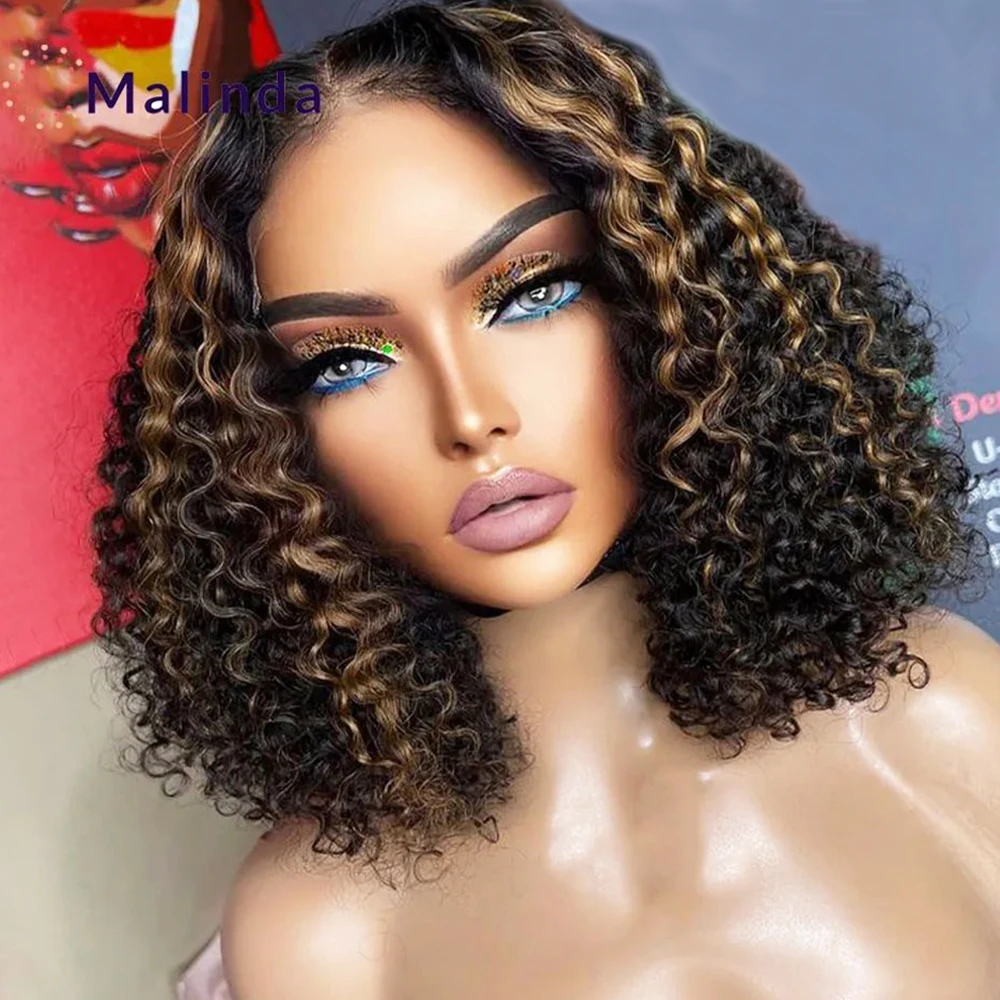 

Highlight Blonde 250% Density Curly Short Bob 13x4 Transparent Lace Frontal Wear And Go Glueless Human Hair Wigs For Women