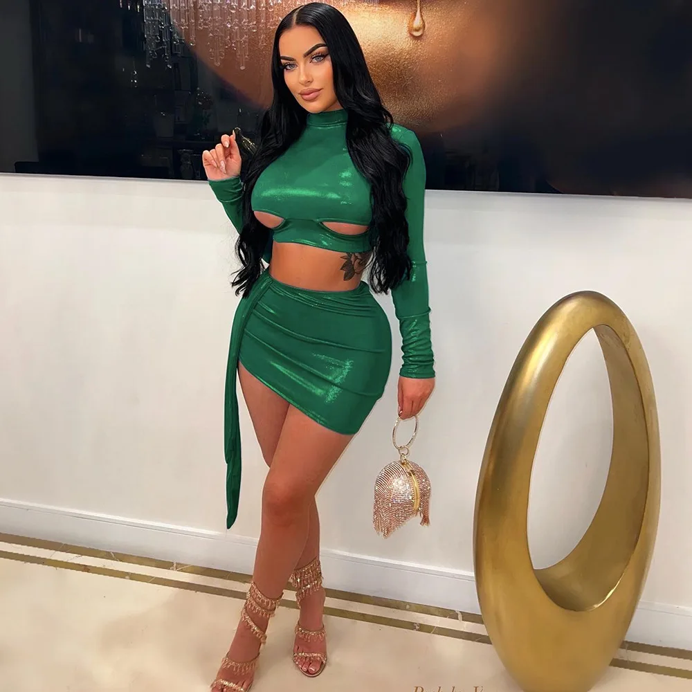 Metallic Luster Skirts Two Piece Set Women Outfits Sexy Hollow Out Turtleneck Crop Top + Ribbon Mini Skirts Club Matching Sets
Metallic Luster Skirts Two Piece Set Women Outfits Sexy Hollow Out Turtleneck Crop Top + Ribbon Mini Skirts Club Matching Sets