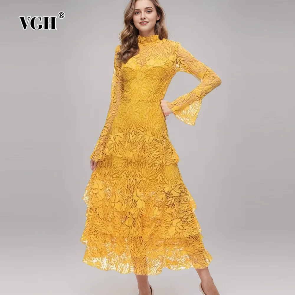 

VGH Elegant Patchwork Lace Solid Dresses For Women Stand Collar Flare Sleeve High Waist Spliced Zipper Long Dress Female Fashion