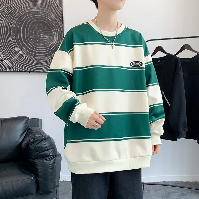 

Mens Sweatershirt Autumn New Youth Cool Stripe Long Sleeve T-shirt Korean Fashion Round Neck Top Loose Men Outwear Streetwear