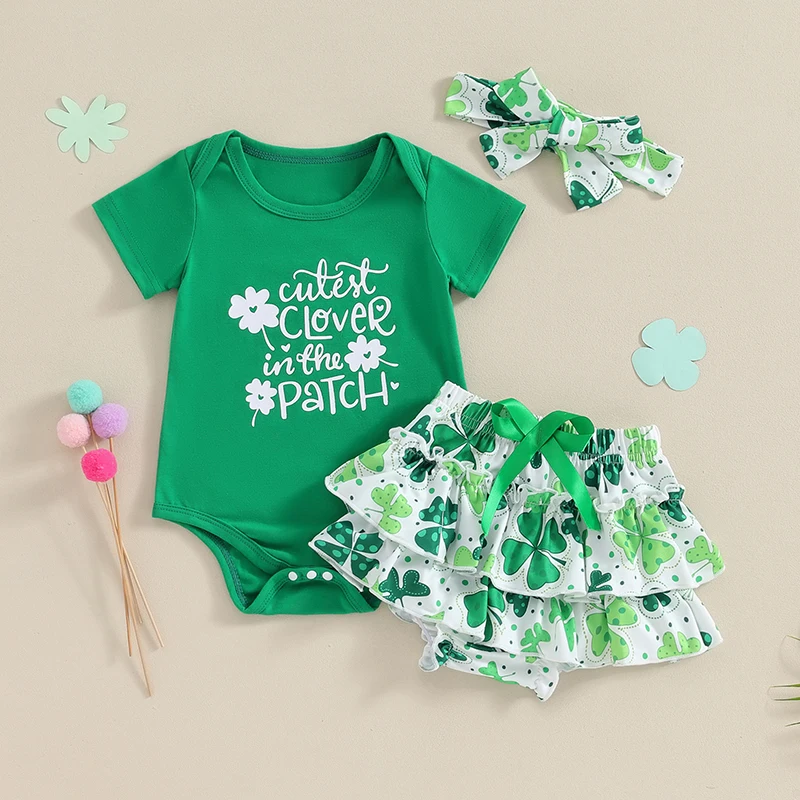 

Newborn Baby Girl St Patricks Day Outfit Infant Short Sleeve Ruffle Irish Clover Shamrock Lucky Charm Shorts Set