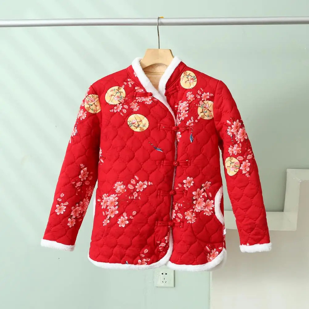 

Women Cotton Jacket Fall Winter Floral Print Thick Warm Fleece Lining Plush V Neck Knot Button Pocket Ladies Long Sleeves Quilte