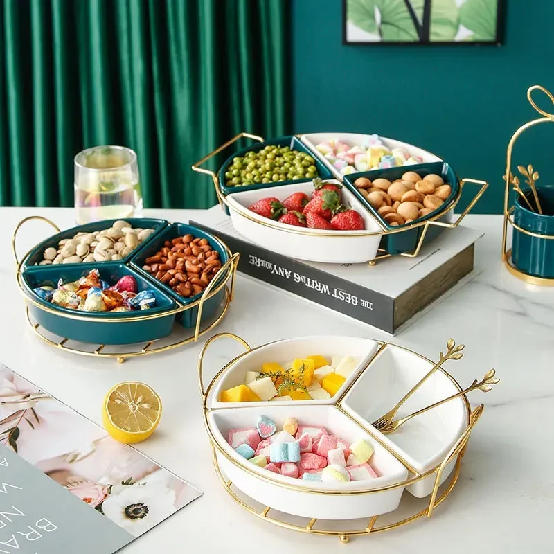 Nordic ceramic snack platter divider plate home living room wedding candy dried fruit storage tray with handle iron frame
Nordic ceramic snack platter divider plate home living room wedding candy dried fruit storage tray with handle iron frame