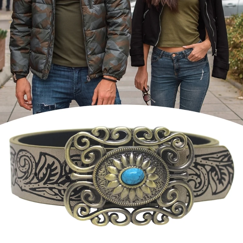 

PU Waist Belt with Embossed Pattern Wide Carved Turquoise Buckle Waist Belt Woman Jeans Dresses Skirt Coat Waistband