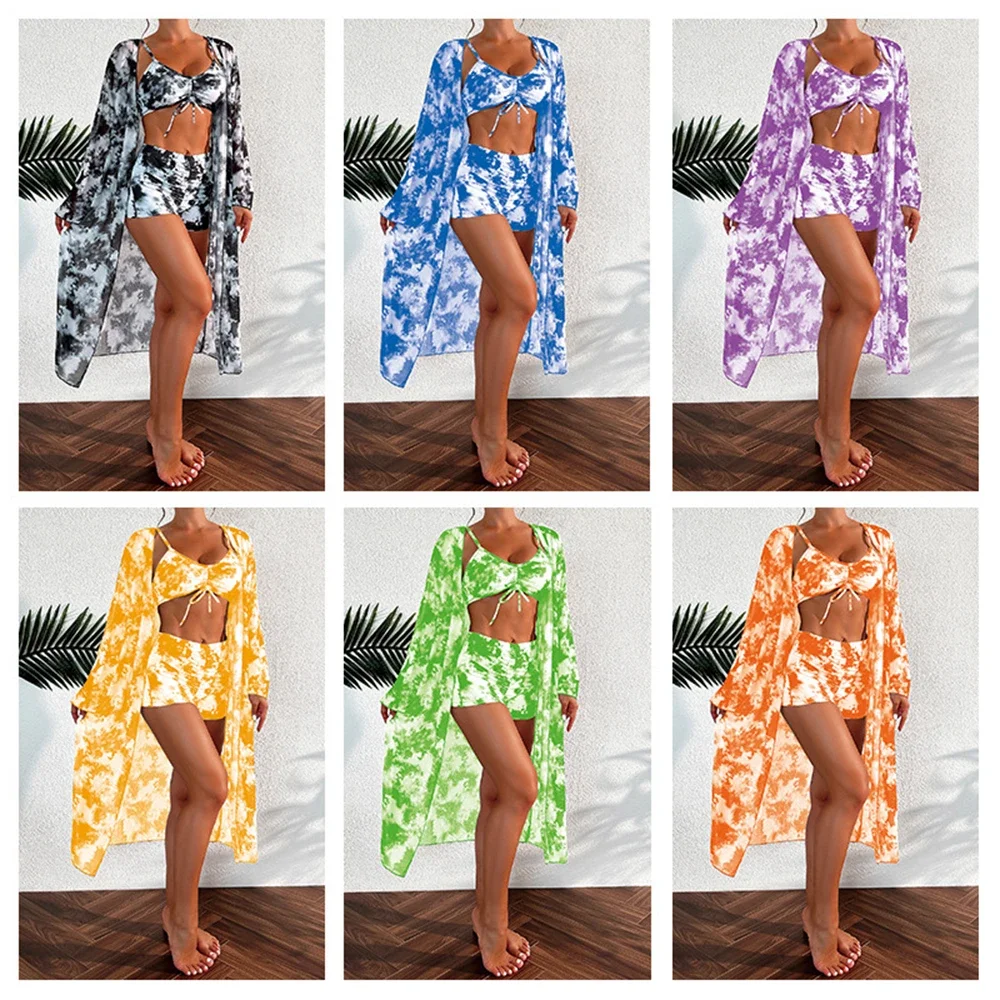 

6 Colors Women Bikini 3 Piece Set Tie-dye Art Printing Sexy High Waisted Ruched Swimsuit + Long Sleeved Cover Up 2024 Beachwear