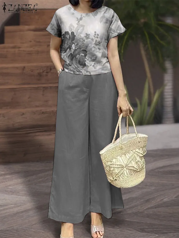 Комплект брюк ZANZEA женский с принтом, винтажный комплект из 2 предметов, блузка с коротким рукавом и брюки с широкими штанинами, офисный тренировочный костюм, на лето
Комплект брюк ZANZEA женский с принтом, винтажный комплект из 2 предметов, блузка с коротким рукавом и брюки с широкими штанинами, офисный тренировочный костюм, на лето