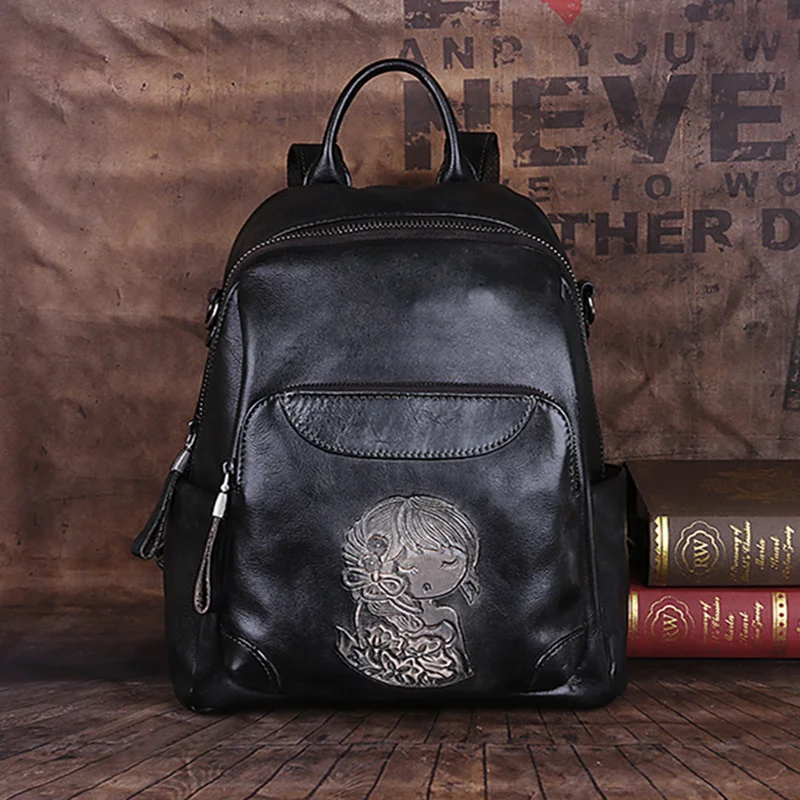 

2024 Leather Women's Bag Retro Embossing Backpack For Ipad Book Travel Handbag Female Shoulder Bag Vintage Messenger Bag