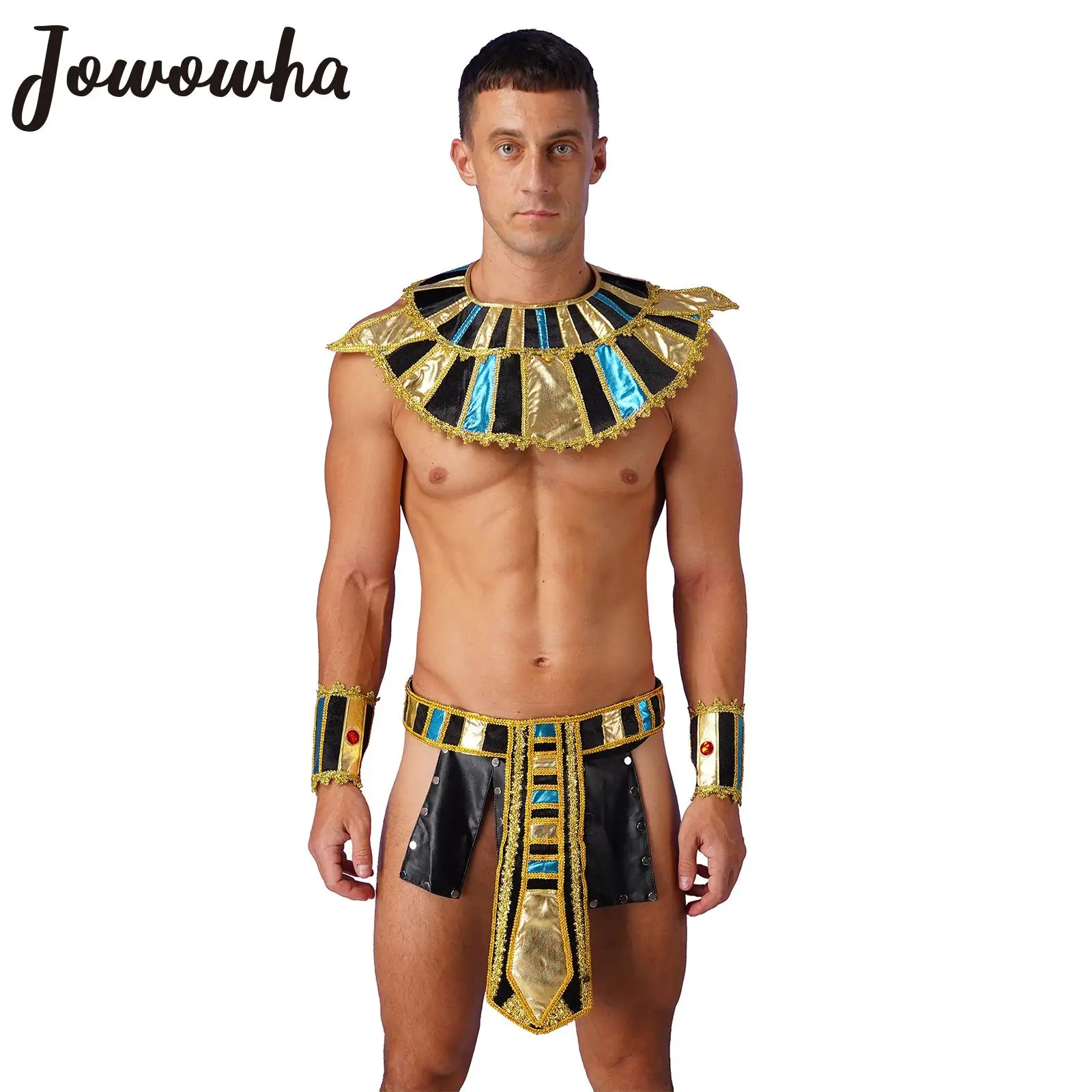 

Men Egyptian Pharaoh King Costume Halloween Ancient Egypt Priest Cosplay Outfits Carnival Party Role Play Skirt with Collar Belt