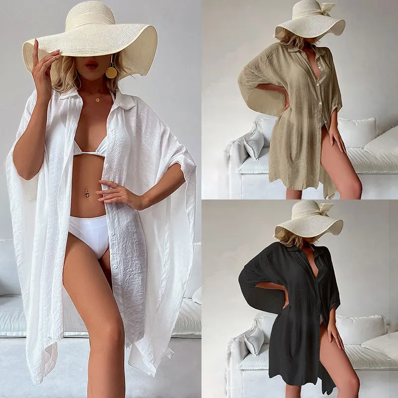 

Beach Shirt Women Swimsuit Cover Up Solid Batwing Sleeve Loose Soft Bathing Suits Tunic Kimono Dress Pareo Beachwear Beach Shirt