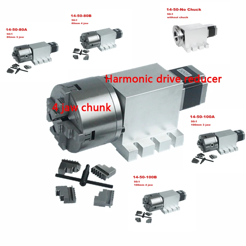 

Harmonic Drive Reducer 3 4 Jaw 80mm 100mm Chuck CNC 4th Axis Rotary Axis Speed Reducing Ratio 50 for Milling Machine