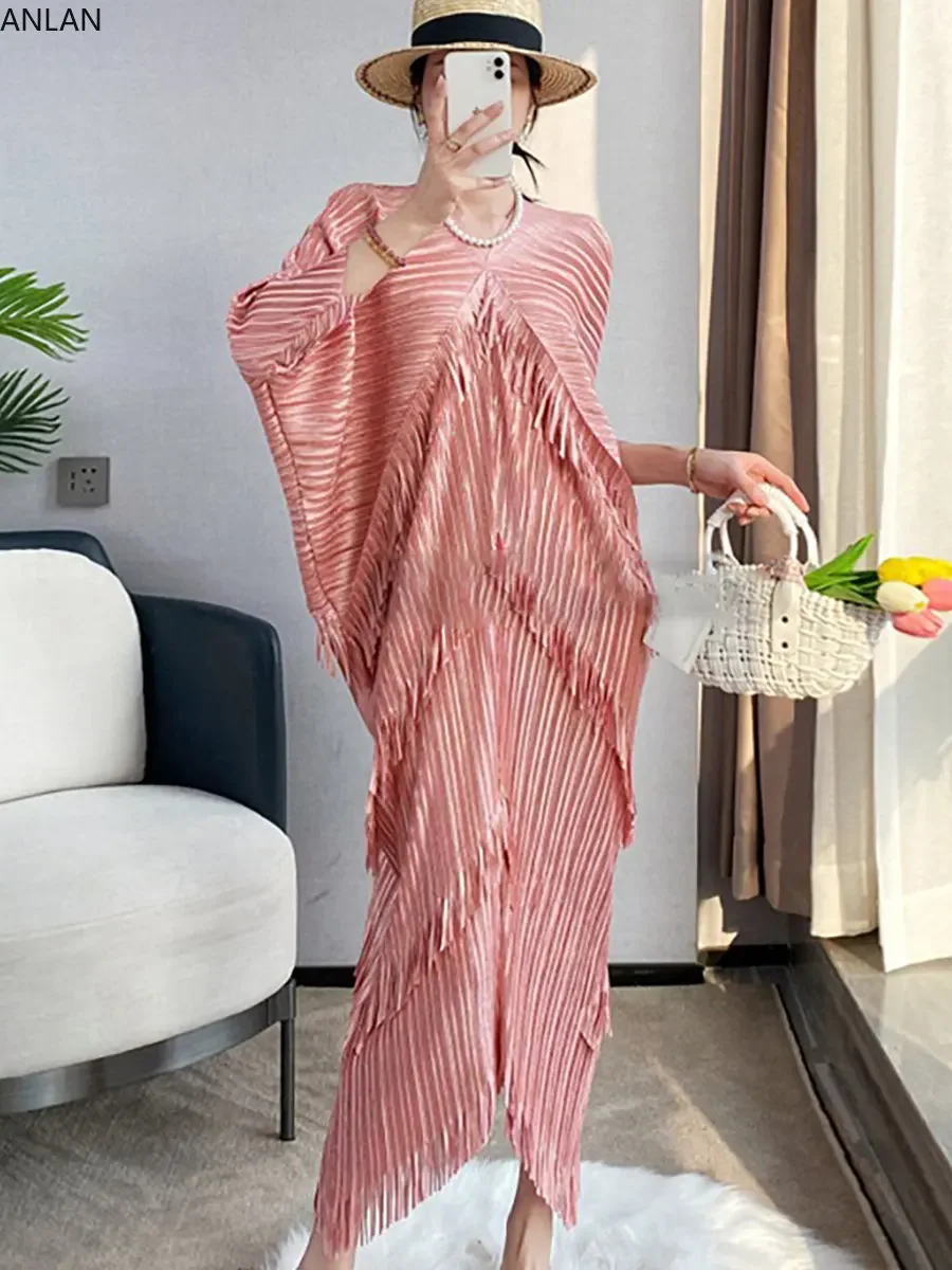 

ANLAN Female Fashion Miyake Pleated Spliced Tassel Dress V-Neck Batwing Sleeve Medium Long Dresses for Women 2024 New 6AN2619