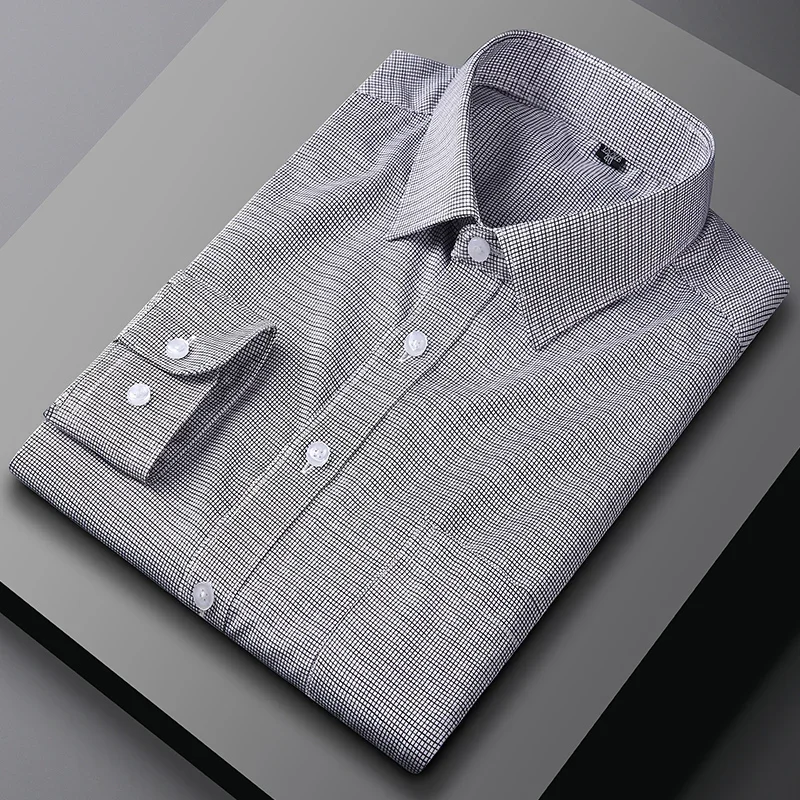 

New in shirt houndstooth elastic long-sleeve shirts for men slim fit formal plain shirt soft plaid single pocket office clothes