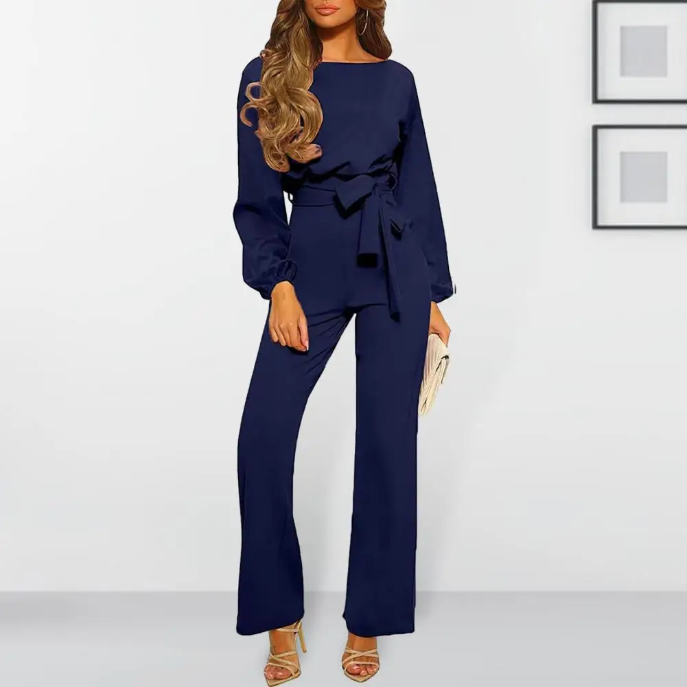 

Women Solid Color Jumpsuit Elegant Lace-up Belted Women's Spring Jumpsuit with Wide Leg Long Sleeve Stylish Ol Commute for Tight