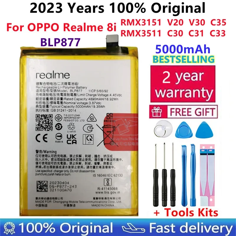 

Original High Quality 5000mAh Battery BLP877 For OPPO Realme 8i RMX3151 V20 V30 C35 RMX3511 C30 C31 C33 Phone Bateria Battery