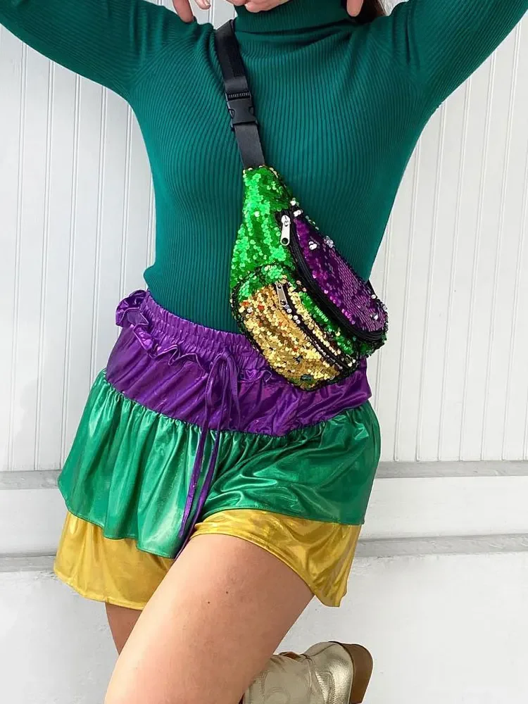 

Mardi Gras Metallic Layered Skort Color Block Metallic Tiered Shorts Women's Costume Tie-on Bustle Skirts Skirt Festival Outfit