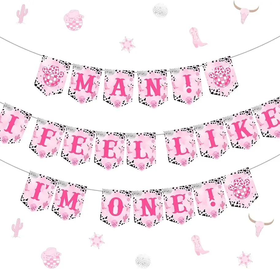 

Man I Feel Like I'm One Party Decor Banner Disco Cowgirl 1st Birthday Decorations for Western Cowgirl First Rodeo Birthday Party