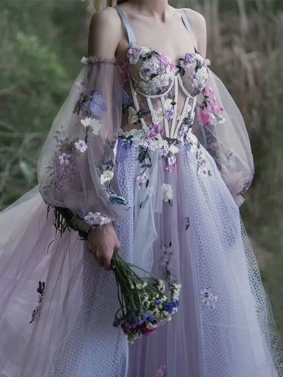 Dusty Lavender Prom Dresses A Line Straps Long Sleeve Applique Floral Women Illusion Exposed Boning Evening Gowns Formal Dress
Dusty Lavender Prom Dresses A Line Straps Long Sleeve Applique Floral Women Illusion Exposed Boning Evening Gowns Formal Dress