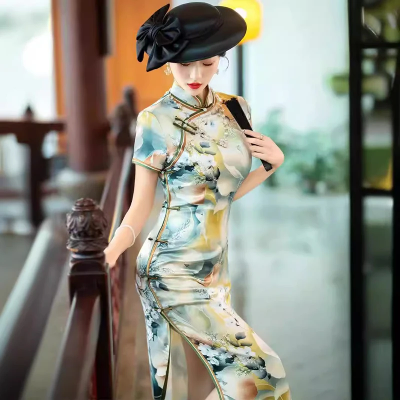 

Huafu 2024 Весна шелк Ципао Лето 2024 Новое улучшенное шелковое платье тутового шелкопряда молодежное китайское платье для женщин