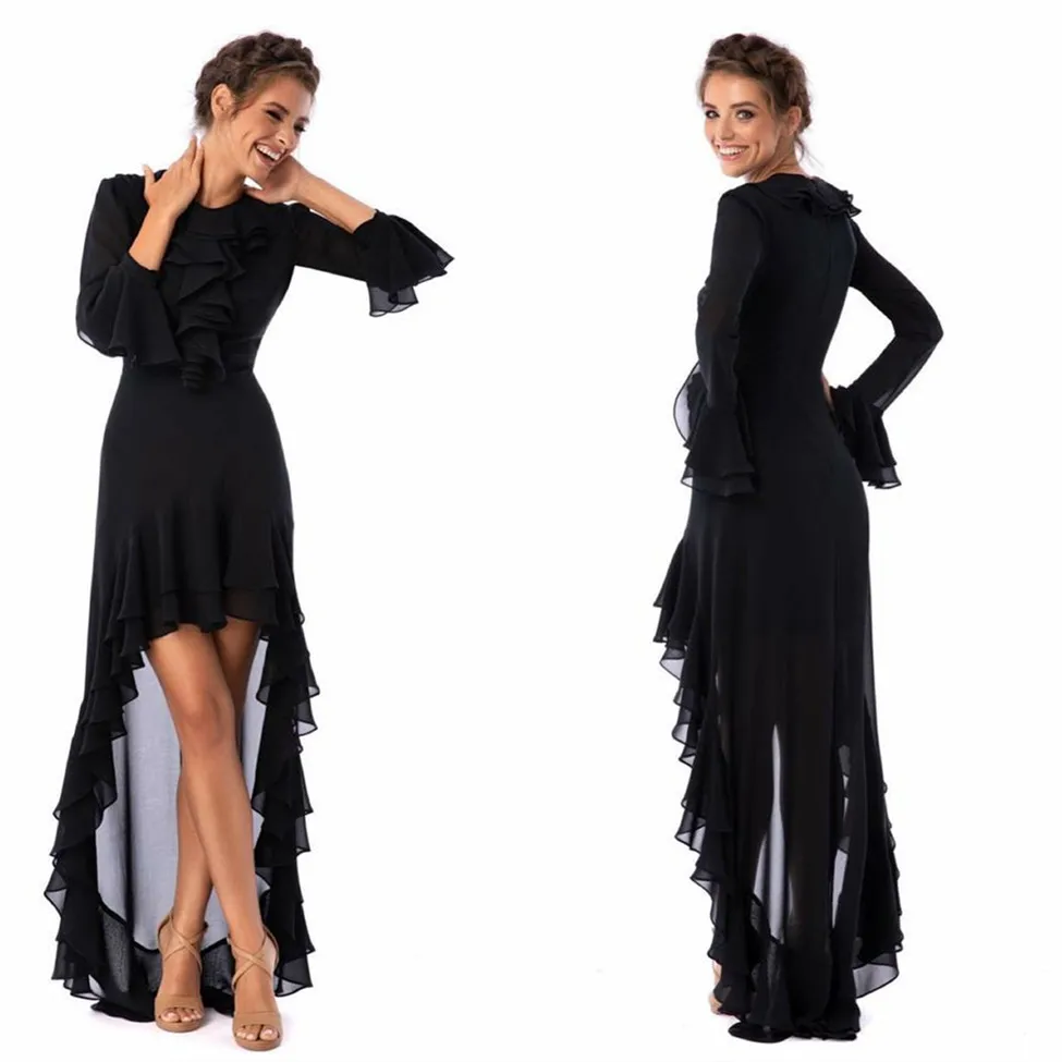 Elegant Chiffon Black Evening Dresses With Ruffles Hi-Lo Long Sleeve Prom Dresses Party Gowns Robes de soirée for Women
Elegant Chiffon Black Evening Dresses With Ruffles Hi-Lo Long Sleeve Prom Dresses Party Gowns Robes de soirée for Women