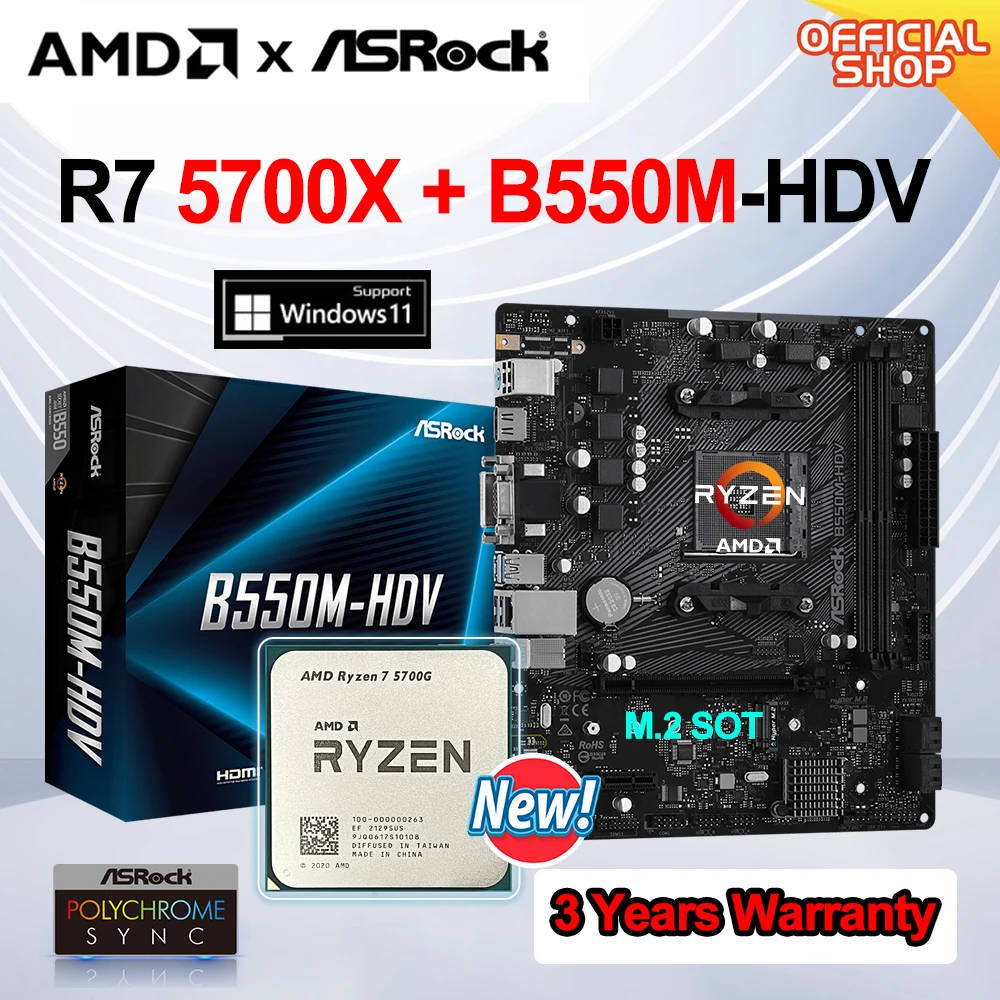 

New AMD Set Kit Ryzen 7 5700X Prosesor CPU + ASRock B550M-HDV Micro-ATX Mainboard 64GB DDR4 AM4 Motherboards Kit placa mae B550