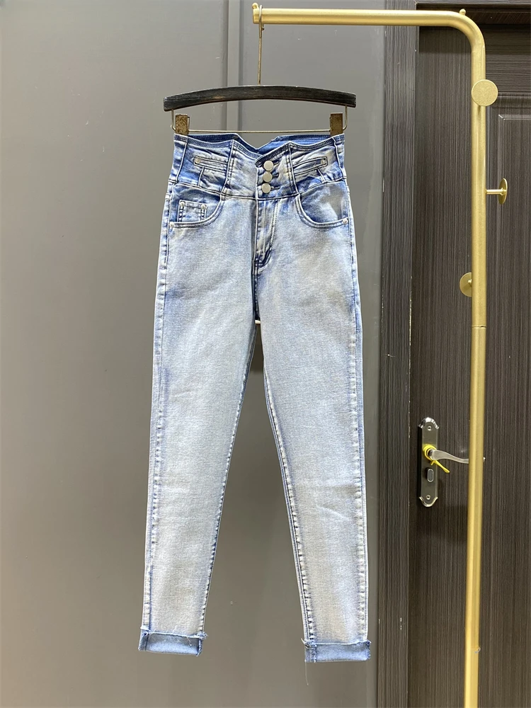

American Retro Light Blue Jeans for Women Spring Slim-Fit Stretch Hip Lift High Waist Pencil Pants Skinny Tappered Trousers