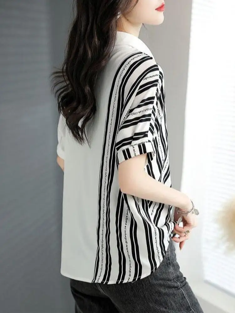 Fashionable Casual Striped Patchwork Short Sleeved T-shirt Summer Casual Loose Slimming Versatile Tops Fashion Clothes for Women Fashionable Casual Striped Patchwork Short Sleeved T-shirt Summer Casual Loose Slimming Versatile Tops Fashion Clothes for Women