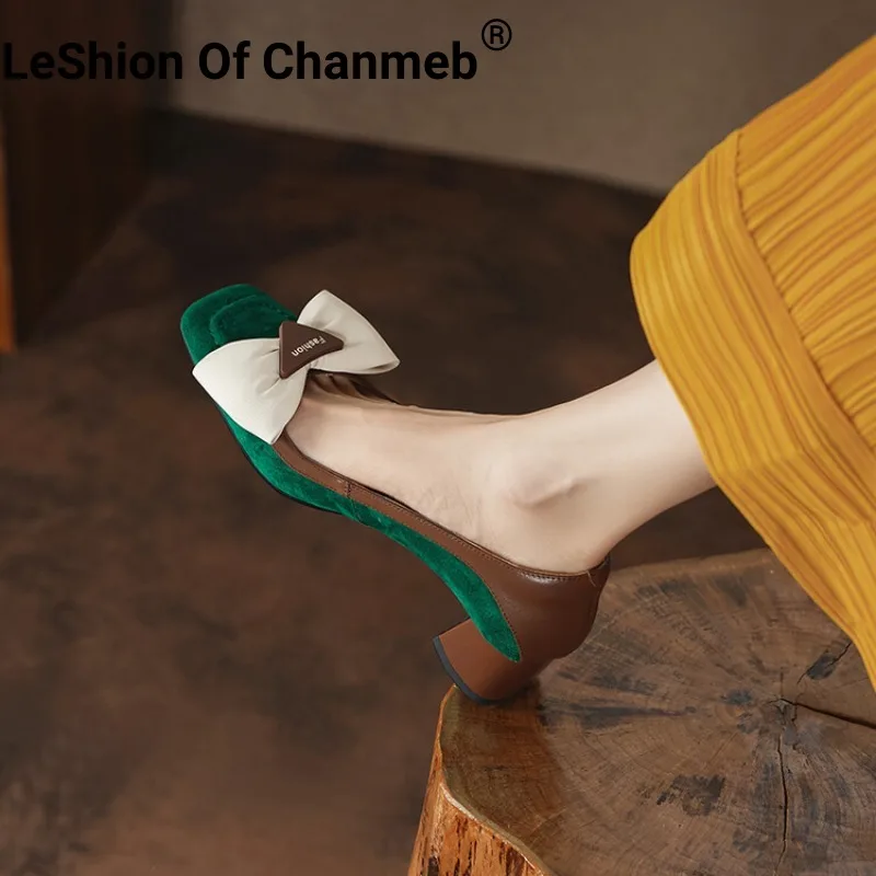 

Женские замшевые туфли-лодочки LeShion Of Chanmeb, туфли-лодочки из овечьей кожи на массивном среднем каблуке, с бантиком, с закрытым носком, без застежек, на осень