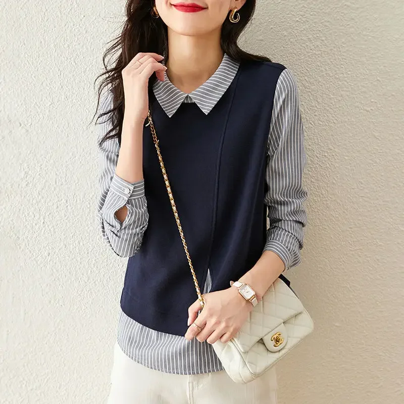 2023 spring and autumn new trend fashion vertical striped long-sleeved shirt splicing three-piece knit holiday two sweaters
2023 spring and autumn new trend fashion vertical striped long-sleeved shirt splicing three-piece knit holiday two sweaters
