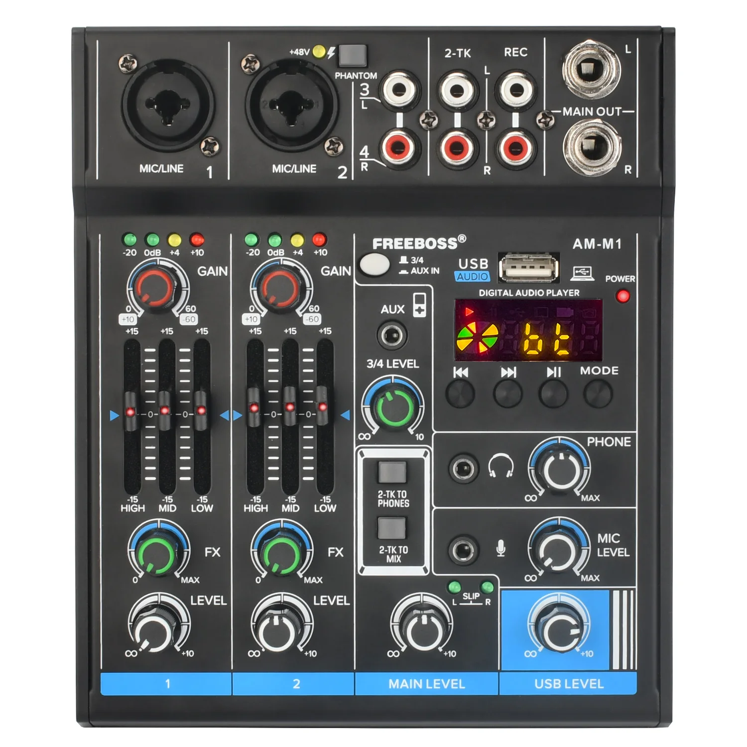 FREEBOSS 4 Channel DJ Mixing Console 48V RCA 3.5 Input Studio Sound Audio Mixer with USB Bluetooth Record Play for Party AM-M1
FREEBOSS 4 Channel DJ Mixing Console 48V RCA 3.5 Input Studio Sound Audio Mixer with USB Bluetooth Record Play for Party AM-M1