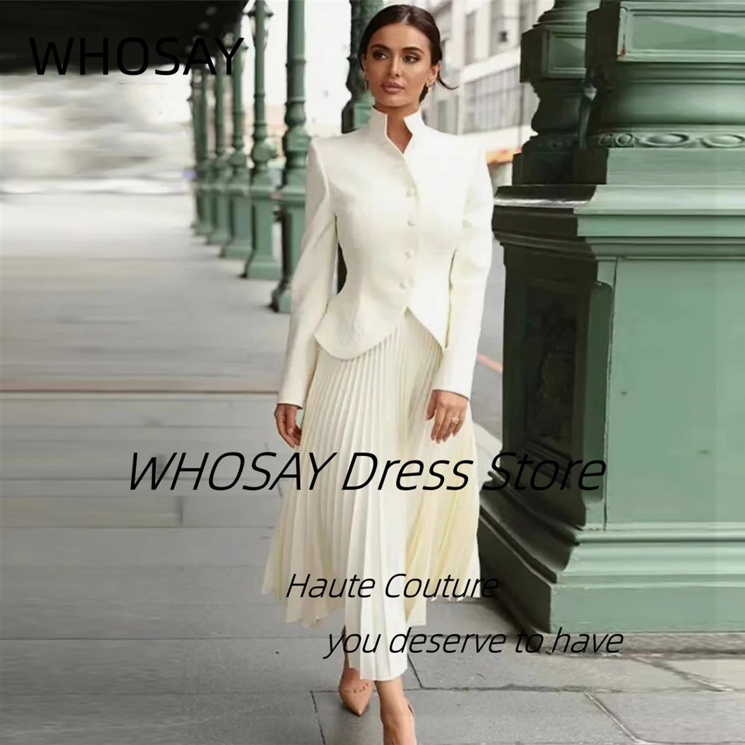 

WHOSAY Office Ladies 2-Pieces Dresses Prom Party Long Sleeves Buttons Evening Gowns Pleats Ankle Length Special Banquet Dress