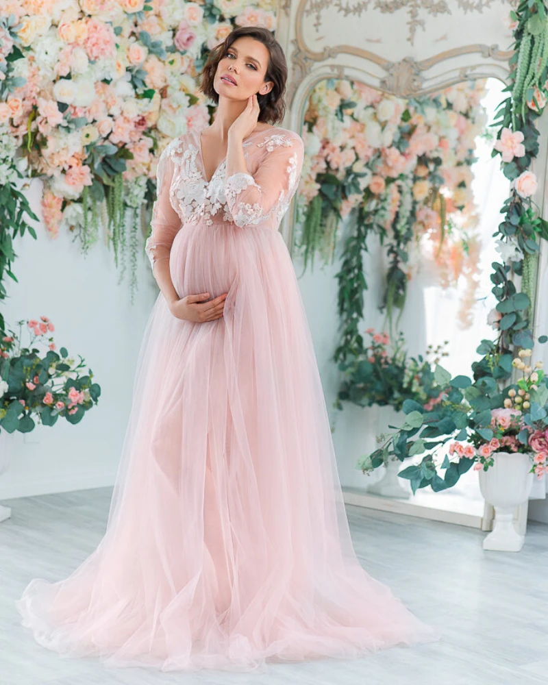 

Pink A Line Maternity Robes for Photo Shoot V Neck Pregnant Women Dresses Appliqued See Thru Long Sleeves Baby Shower Gowns