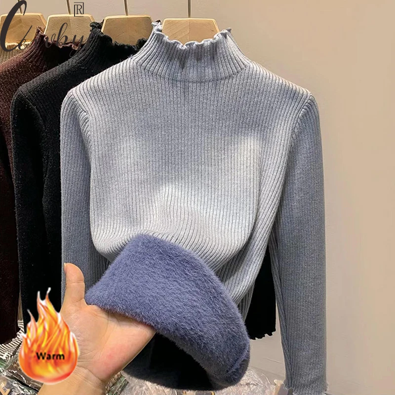 Plush Velvet Fall Winter Sweater Women Solid Ruffles Knitwerar Jumper Soft Fleece Lined Long Sleeve Knitted Top Casual Sueter
Plush Velvet Fall Winter Sweater Women Solid Ruffles Knitwerar Jumper Soft Fleece Lined Long Sleeve Knitted Top Casual Sueter