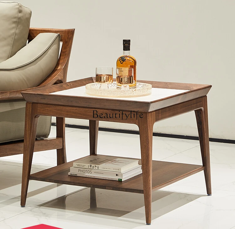 

Italian Minimalist North America Black Walnut Stone Plate Corner Table Solid Wood Sofa Living Room Small Coffee Table