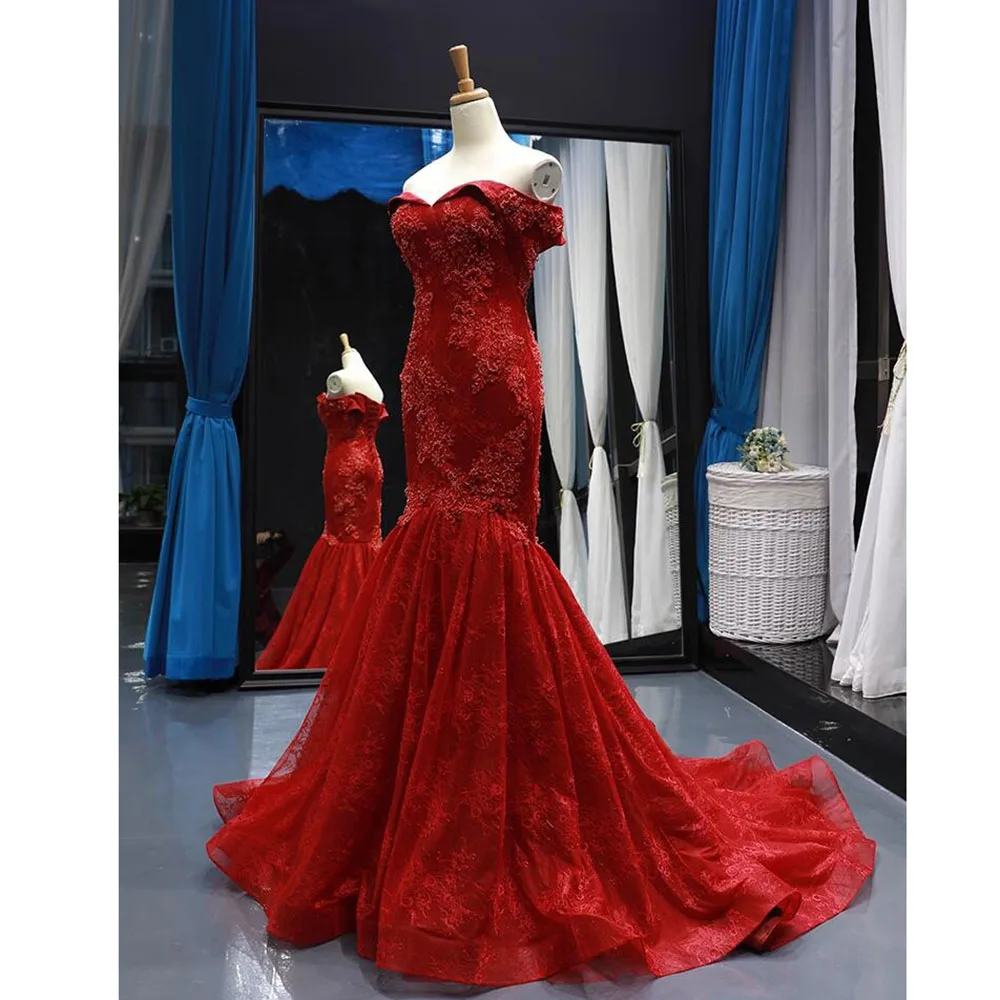 

Fashion Red Mermaid Evening Dress Chic Strapless Applique Floor-Length Party Gown Luxury Court Train Lace Up Women Prom Gown