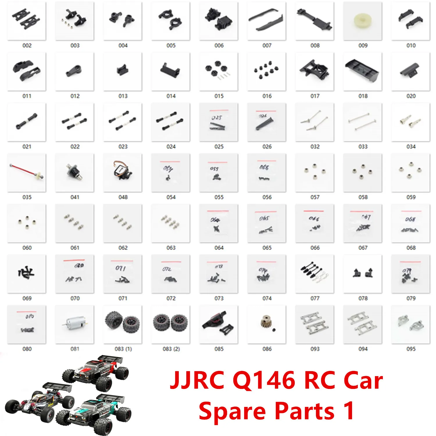 

JJRC Q146 RC Car Spare Parts chassis Swing arm Steering knuckle gear Tail wing Tie rod CVD Dog bone Rear wheel cup 001-036