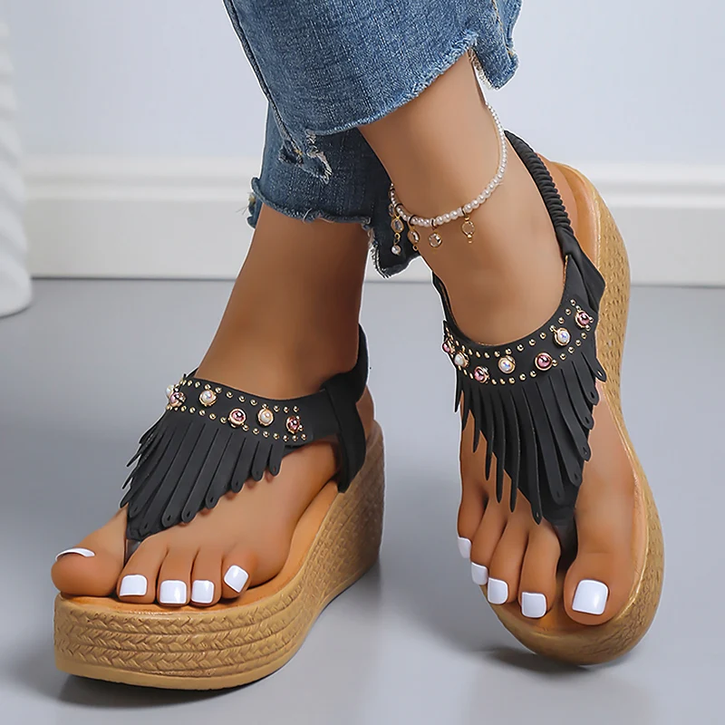 Сандалии женские на танкетке с бахромой, босоножки на толстой платформе, обувь с клипсой, эластичная резинка, Нескользящие, гладиаторы, лето
Сандалии женские на танкетке с бахромой, босоножки на толстой платформе, обувь с клипсой, эластичная резинка, Нескользящие, гладиаторы, лето