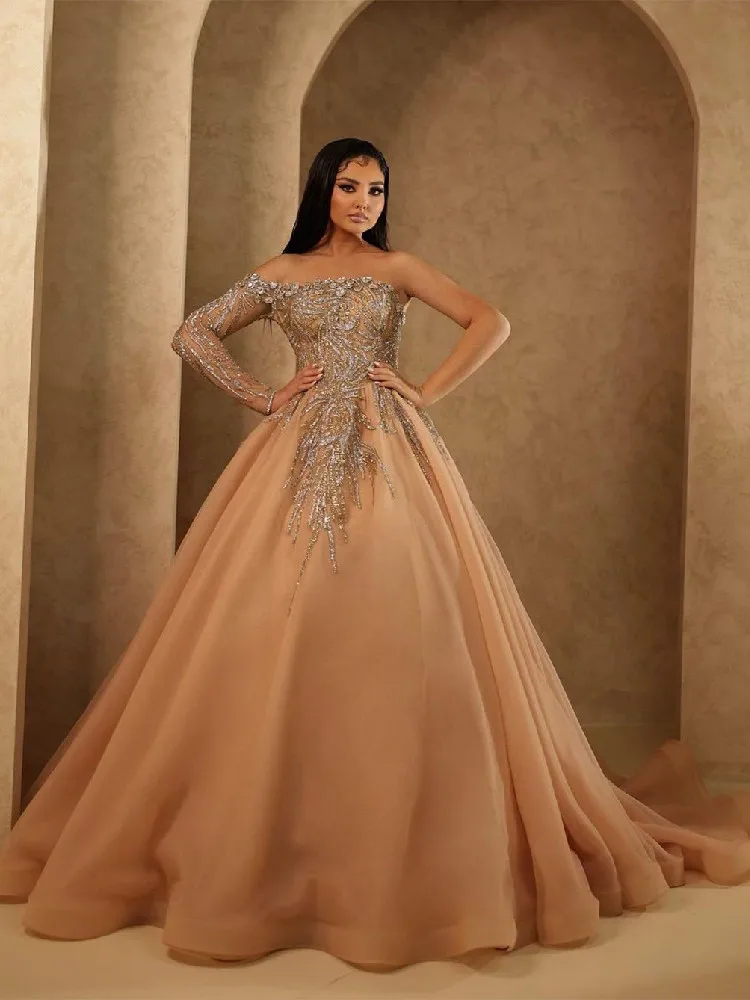 Champagne Ball Gown Evening Dresses One Long Sleeve Bateau Sequins Beaded Appliques Lace Diamond RufflesProm Dresses Custom Made
Champagne Ball Gown Evening Dresses One Long Sleeve Bateau Sequins Beaded Appliques Lace Diamond RufflesProm Dresses Custom Made