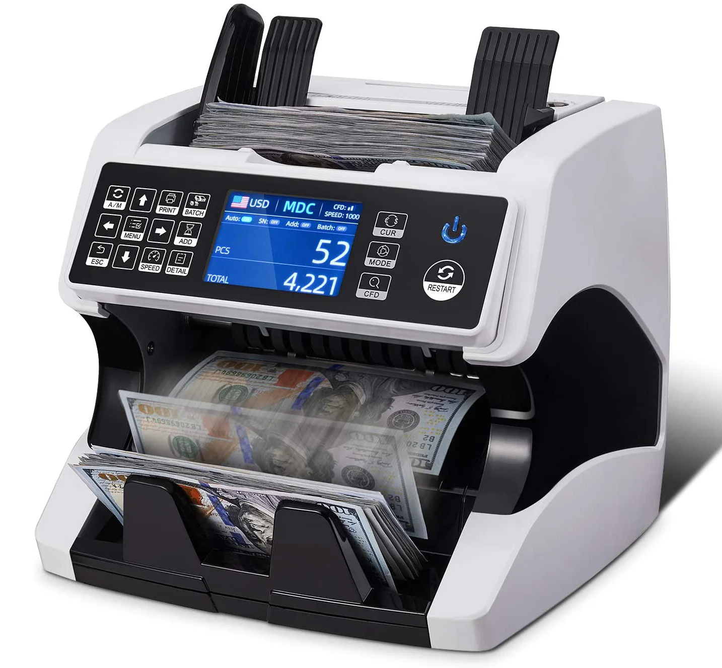 

Money Bill Counter Business Cash Register Fake Banknote Detector for USD, EUR, GBP, CAD, MXN mix bill value counting machine