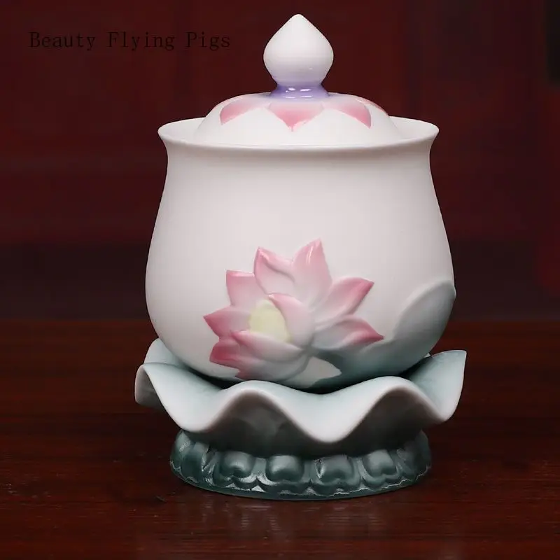 

Chinese ceramic lotus water purification cup, offering household Buddhist utensils and ornaments in front of the Buddha