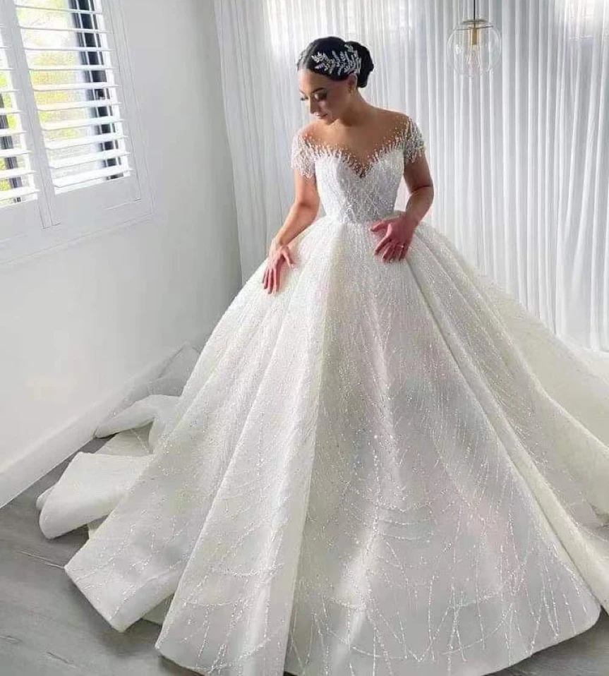 White O-neck Sequin Wedding Dresses Short Sleeve Luxury Bridal Wedding Gowns For Women 2024 Bride Dress vestido de noiva 
White O-neck Sequin Wedding Dresses Short Sleeve Luxury Bridal Wedding Gowns For Women 2024 Bride Dress vestido de noiva
