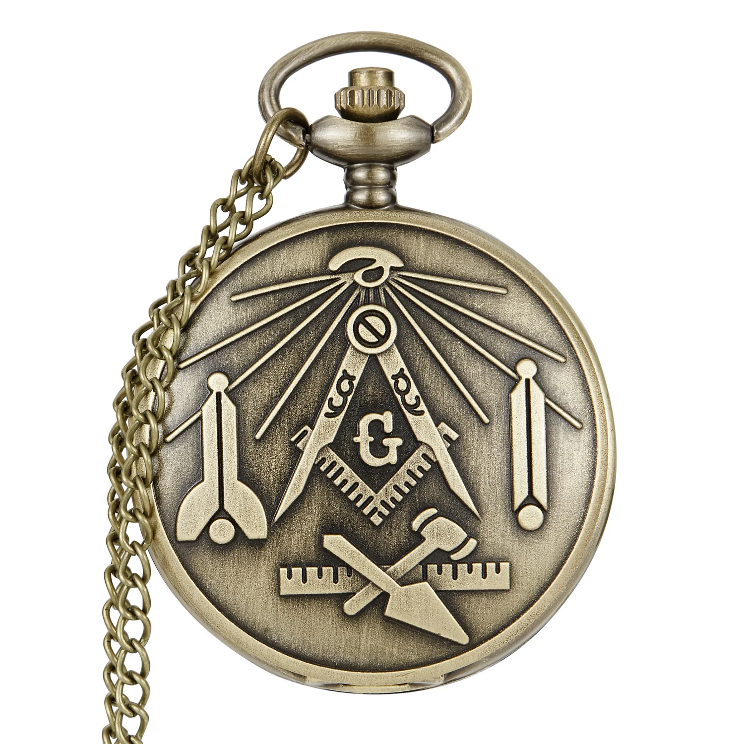 

Top Bronze Masonic Freemason Retro Chain Clock Necklace Pendant Quartz Pocket Watch Best Gifts for Freemasonry Men Women New